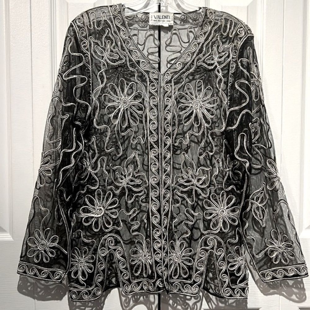Valenti Black Sheer Embroidered Long Sleeve Cardigan Top Jacket Size S‎